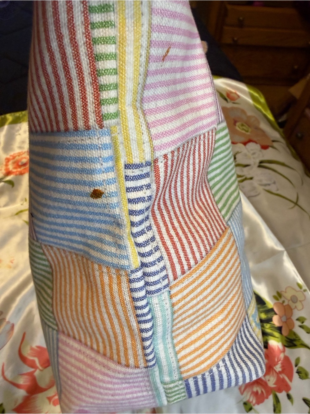 Dooney & Bourke Patchwork Seersucker Tote Bag Multicolor Striped | Leather Trim - Picture 7 of 16